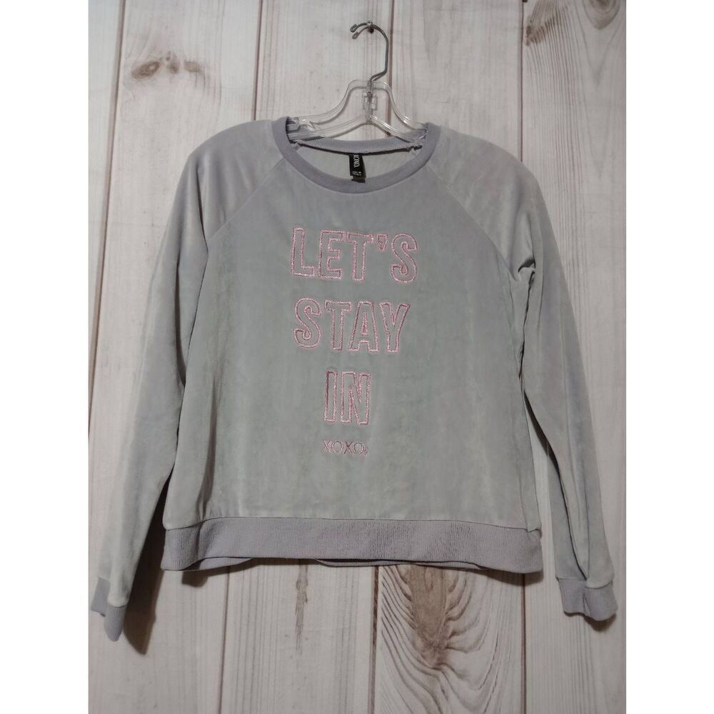 Xoxo Sweatshirt Ladies Medium Let's Stay In Graphic Gray Soft Velour Comfortable